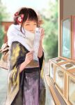  1girl :d ^_^ absurdres bangs black_hair black_kimono blurry blurry_background closed_eyes commentary_request day depth_of_field facing_viewer floral_print fur_collar gurifu highres holding japanese_clothes kimono long_sleeves obi omikuji original outdoors print_kimono sash smile solo torii wide_sleeves 