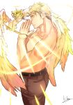  2boys angel bara blonde_hair bow_(weapon) brown_pants character_request feathered_wings from_side halo highres holding kidomh63 looking_at_viewer male_focus multiple_boys muscular muscular_male palms_together pants pectorals praying short_hair sideburns tokyo_afterschool_summoners topless_male weapon wings 