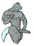  anthro big_muscles blue_hair equid equine green_eyes hair hi_res horse humanoid male mammal muscular muscular_male nipples pubes ripped-saurian solo 