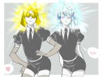  2others androgynous bangs black_necktie blonde_hair bob_cut colored_eyelashes crystal_hair diamond_(houseki_no_kuni) edwintarm elbow_gloves gem_uniform_(houseki_no_kuni) gloves heart highres houseki_no_kuni multicolored_eyes multicolored_hair multiple_others necktie parted_bangs rainbow_eyes rainbow_hair short_sleeves spoken_blush spoken_heart sunglasses thighhighs yellow_diamond_(houseki_no_kuni) yellow_eyes 