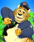  2022 absurd_res anthro belly benjamin_clawhauser cheetah clothed clothing disney felid feline hat headgear headwear hi_res humanoid_hands male mammal navel necktie neenya open_clothing open_shirt open_topwear overweight overweight_male police_hat shirt solo topwear zootopia 