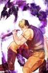  1boy arm_tattoo bara blonde_hair boots dagger fighting_stance from_side highres holding holding_dagger holding_weapon kidomh63 knee_boots knife male_focus muscular muscular_male one_knee orange_pants pants pectorals red_eyes scar scar_across_eye short_hair sideburns sidepec solo tattoo tetsuya_(housamo) tokyo_afterschool_summoners weapon 