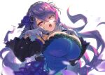  1girl bangs blue_dress blurry blurry_foreground breasts dress eyebrows_visible_through_hair gloves guardian_tales hairband highres huge_breasts long_hair looking_at_viewer open_mouth purple_hair red_eyes upper_body vampire_girl_karina wada_chiyon white_background white_gloves 