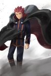  1boy belt black_belt black_cape black_footwear boots cape clenched_hand closed_mouth commentary_request floating_cape highres imasara_maki jacket lance_(pokemon) long_sleeves looking_at_viewer male_focus pants pokemon pokemon_(game) pokemon_hgss red_hair short_hair smile solo spiked_hair standing 