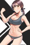  1girl abs blush bra breasts brown_eyes brown_hair cleavage clenched_hand flexing gertrud_barkhorn grey_bra grey_panties hair_between_eyes hand_on_hip highres hiroshi_(hunter-of-kct) looking_at_viewer medium_breasts navel panties pose short_twintails smile solo sports_bra strike_witches striped striped_background twintails twitter_username underwear underwear_only v-shaped_eyebrows white_background world_witches_series 