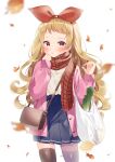 1girl absurdres alternate_costume autumn autumn_leaves azur_lane bag beige_sweater black_legwear blonde_hair blue_skirt blush bow cardigan commentary_request commission cowboy_shot falling_leaves forehead groceries grocery_bag hair_bow hairband handbag highres jenkins_(azur_lane) leaf leek long_hair looking_at_viewer mymerody4649 nail_polish open_cardigan open_clothes pink_cardigan pink_nails plaid plaid_scarf pleated_skirt red_bow red_eyes red_scarf scarf shopping_bag sidelocks simple_background skeb_commission skindentation skirt sleeves_past_wrists solo standing thighhighs white_background 