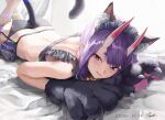  1girl animal_ear_fluff animal_ears animal_hands ass bangs bare_shoulders black_bra black_panties blush bob_cut bra breasts cat_ears cat_tail eyeliner fate/grand_order fate_(series) gloves highres horns looking_at_viewer lying maid_headdress makeup on_stomach oni oni_horns open_mouth panties paw_gloves pointy_ears purple_eyes purple_hair short_hair shuten_douji_(fate) skin-covered_horns small_breasts smile solo tail taino_kou underwear 