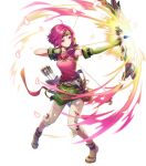  1girl armor arrow_(projectile) asymmetrical_gloves bangs belt belt_pouch bow_(weapon) breasts capri_pants closed_mouth elbow_gloves fingerless_gloves fire_emblem fire_emblem:_the_sacred_stones fire_emblem_heroes full_body gloves hagiya_kaoru headband highres holding holding_bow_(weapon) holding_weapon hood hood_down looking_away medium_breasts neimi_(fire_emblem) official_art pants petals pink_eyes pink_hair pouch quiver shiny shiny_hair shoes short_hair shoulder_armor smile solo transparent_background weapon 