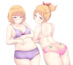  2girls absurdres apple_slice ass blonde_hair blue_eyes blush bra demeter_(megami_tensei) embarrassed food fruit highres idunn_(megami_tensei) multiple_girls nabunabu navel panties pineapple pink_bra pink_panties ponytail purple_bra purple_panties red_eyes red_ribbon ribbon shin_megami_tensei shin_megami_tensei_v underwear white_background 