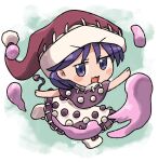  1girl black_capelet blob blue_eyes blue_hair blush_stickers capelet doremy_sweet dream_soul dress eyebrows_visible_through_hair full_body hat nightcap open_mouth pom_pom_(clothes) red_headwear rokugou_daisuke short_hair signature smile solo touhou white_dress 
