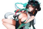  1girl absurdres arknights armpit_crease bikini black_bikini black_hair blush breasts cleavage clothes_lift colored_extremities covered_mouth dragon_girl dragon_horns dragon_tail dusk_(arknights) highres holding holding_letter horns large_breasts letter lifting_own_clothes long_hair looking_at_viewer love_letter orange_eyes pointy_ears simple_background sitting solo swimsuit tail white_background yuki_(yuki_yu_owo) 