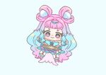  1girl absurdly_long_hair aqua_sandals aqua_skirt bag_bow bare_shoulders beads blue_background blue_bag blue_hair blue_tube_top bow bow_skirt bracelet chibi circlet closed_mouth collar cure_la_mer detached_collar dot_nose double_bun eyelash_ornament eyelashes eyes_visible_through_hair frilled_tube_top frills gem gradient_hair hair_beads hair_bun hair_intakes hair_ornament happy ichigo_usuhana jewelry laura_la_mer leg_warmers light_blush long_hair looking_at_viewer magical_girl miniskirt multicolored_hair outstretched_arms pearl_(gemstone) pearl_hair_ornament pink_eyes pink_hair pink_tube_top precure purple_skirt sandals scale_print shell_brooch sidelocks simple_background skirt smile solo strapless tareme tropical-rouge!_precure tube_top two-tone_hair two-tone_skirt two-tone_tube_top very_long_hair waist_bag white_arm_warmers white_bow white_collar white_leg_warmers yellow_bow 