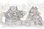  1girl 3boys 6+others absurdres animal_ears arataki_itto arm_up bare_shoulders belt black_nails body_markings bowl bracelet breasts brooch choker chopsticks clenched_hand closed_eyes closed_mouth competition detached_sleeves dog_boy dog_ears earrings eating facial_hair facial_mark fangs food fox_ears fox_girl genshin_impact gold_earrings gorou_(genshin_impact) grey_hair hair_between_eyes hand_up headpiece headscarf highres holding holding_chopsticks holding_tray horns jacket japanese_clothes jewelry kinbaronbunny large_breasts long_hair long_sleeves looking_at_another looking_at_food looking_down multicolored_hair multiple_boys multiple_others mustache nail_polish nontraditional_miko noodles oni open_clothes open_jacket open_mouth pink_eyes pink_hair purple_jacket red_hair saucepan shirt short_sleeves sidelocks simple_background sitting sleeveless sleeveless_shirt smile spiked_bracelet spikes standing steam streaked_hair table teeth tray turtleneck turtleneck_shirt v-shaped_eyebrows white_background white_shirt white_sleeves yae_miko 