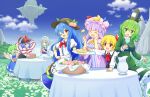  6+girls apron ascot black_hat black_skirt black_vest blonde_hair blue_dress blue_eyes blue_hair blue_skirt blue_sky bow bowtie braid breasts capelet center_frills closed_eyes closed_mouth cloud collared_shirt commentary_request crescent crescent_hat_ornament cup daiyousei day dress drinking_glass eating fairy fairy_wings flower food frilled_capelet frilled_shawl frilled_skirt frills fruit ghost_tail green_bow green_dress green_eyes green_hair grey_hair hagoromo hair_bow hair_ribbon hand_on_own_hip hat hat_bow hat_ornament highres hinanawi_tenshi holding holding_cup holding_knife izayoi_sakuya knife leaf leaf_hat_ornament long_hair long_sleeves maid maid_headdress mob_cap multiple_girls nagae_iku ofuda ofuda_on_clothes one_eye_closed open_mouth outdoors patchouli_knowledge peach peach_hat_ornament peach_slice pink_capelet pink_dress pink_hat pitcher_(container) plate puffy_short_sleeves puffy_sleeves purple_hair rainbow_order red_ascot red_bow red_bowtie red_eyes red_ribbon ribbon rumia shawl shirt short_sleeves sitting skirt skirt_set sky smile soga_no_tojiko striped_clothes striped_dress sweatdrop table tate_eboshi touhou tree twin_braids vertical-striped_clothes vertical-striped_dress very_long_hair vest waist_apron white_apron white_flower white_shirt wine_glass wings yellow_ascot yellow_bow yellow_bowtie yoruniwa 
