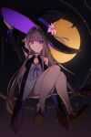  1girl absurdres black_dress black_hat brooch brown_hair doll_joints dress flower hat hat_flower hereokita herta_(honkai:_star_rail) herta_(puppet)_(honkai:_star_rail) highres honkai:_star_rail honkai_(series) jewelry joints large_hat layered_dress long_hair looking_at_viewer pink_flower purple_brooch purple_eyes shoes solo white_dress witch_hat 