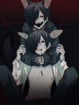  2boys animal_ears bags_under_eyes black_background black_hair bleeding blood blood_from_mouth blood_on_chest blood_on_hands chino_(sky_tanosi) clone closed_eyes commentary_request dog_boy dog_ears fangs gradient_background hair_over_one_eye highres hug hug_from_behind jacket knees_up male_focus multiple_boys open_clothes open_shirt original parted_lips red_background sharp_teeth short_hair simple_background sitting skinny teeth 