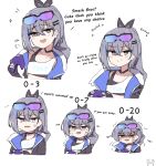  1girl anger_vein angry black_choker black_jacket black_ribbon blue_hair chirun0 choker collarbone controller crossed_bangs crying english_commentary english_text eyewear_on_head game_controller grey_eyes grey_hair hair_between_eyes hair_ribbon holding holding_controller holding_game_controller honkai:_star_rail honkai_(series) jacket looking_at_viewer multiple_views ponytail progression ribbon silver_wolf_(honkai:_star_rail) simple_background single_hair_streak smug white_background 