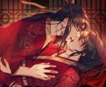  2boys alternate_costume black_hair blurry blush boy_on_top brown_eyes brown_hair chinese_clothes chinese_wedding closed_eyes couple curtains depth_of_field dress eye_contact face-to-face french_kiss hair_ribbon half-closed_eyes hand_on_another&#039;s_chest hanfu headband high_ponytail highres honggaitou hug imminent_kiss indoors jujeop kiss korean_commentary lan_wangji lattice long_hair long_sleeves looking_at_another lying lying_on_person male_focus modao_zushi multiple_boys on_back open_mouth ponytail profile red_hanfu red_headband red_ribbon red_veil ribbon robe saliva see-through_curtains sidelocks sweat tongue tongue_out topknot upper_body veil wedding_dress wei_wuxian wide_sleeves window xiao_guan_(headdress) yaoi 