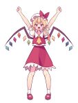  1girl :o arms_up ascot blonde_hair bow clenched_hands crystal_wings double-parted_bangs fangs flandre_scarlet full_body hashtag-only_commentary hat hat_bow highres kazumiskill looking_at_viewer mob_cap one_side_up open_mouth puffy_short_sleeves puffy_sleeves red_bow red_eyes red_shoes red_skirt red_vest shirt shoes short_sleeves simple_background skirt skirt_set socks solo standing touhou vest white_background white_shirt white_socks yellow_ascot 