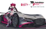  1girl absurdres ahoge black_jacket black_thighhighs boots car crop_top cropped_jacket drill_hair hand_on_car hand_up highres jacket kasane_teto mazda motor_vehicle multicolored_jacket navel nobuudraws pink_eyes pink_hair pink_shirt shirt shorts single_thighhigh solo sports_car thighhighs twin_drills two-tone_jacket utau white_boots white_jacket white_shorts 