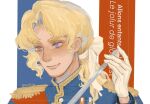  1boy absurdres axis_powers_hetalia blonde_hair blue_jacket commission epaulettes facial_hair france_(hetalia) french_flag french_text gloves goatee_stubble hair_ribbon hand_on_blade highres jacket low_ponytail male_focus medium_hair military_jacket military_uniform ponytail portrait purple_eyes ribbon short_ponytail smile solo stubble sword weapon yimiliudekuaile 