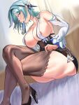  1girl absurdres aqua_hair ass black_legwear breasts cleavage covered_nipples crossed_legs eula_(genshin_impact) genshin_impact hair_ornament high_heels highres large_breasts looking_at_viewer loooyd sitting skindentation skirt thick_thighs thighhighs thighs yellow_eyes 