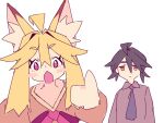  1boy 1girl :o ahoge animal_ear_fluff animal_ears blonde_hair blush_stickers double-parted_bangs fox_ears fox_girl hair_between_eyes highres kazumiskill meme open_mouth original pointing racist_momoi_(meme) red_eyes sidelocks simple_background v-shaped_eyebrows white_background 