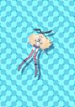  1girl absurdres anatomical_nonsense black_hairband black_neckerchief black_panties blonde_hair blue_background blue_sailor_collar blue_skirt checkered_background commentary crop_top daichi_(daiti1318) elbow_gloves floating from_above gloves grey_eyes hairband highleg highleg_panties highres kantai_collection long_hair looking_at_viewer microskirt miniskirt neckerchief optical_illusion panties pleated_skirt primrose_field_illusion sailor_collar shadow shimakaze_(kancolle) shirt skirt sleeveless sleeveless_shirt smile solo striped_clothes striped_thighhighs thighhighs underwear white_gloves 