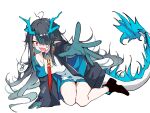  1girl absurdres arknights arm_support bare_shoulders black_hair blue_hair blush chinese_commentary cleavage_cutout clothing_cutout colored_extremities commentary_request dragon_girl dragon_horns dragon_tail dusk_(arknights) earrings hair_over_one_eye highres horns jewelry long_hair looking_at_viewer multicolored_hair necktie nervous nose_blush off_shoulder one_eye_covered open_mouth outstretched_arm outstretched_hand pointy_ears reaching reaching_towards_viewer red_eyes red_necktie scared simple_background sitting solo split_mouth streaked_hair sweatdrop synzmayu tail very_long_hair wavy_mouth white_background 