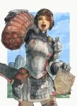  1girl armor bandaged_head bandages black_hair blood blood_on_clothes blood_on_face blood_on_weapon blood_splatter carrying_over_shoulder grey_eyes highres injury malomalobear monster_hunter_(character) monster_hunter_(series) plate_armor severed_tail short_hair smile solo sword thighhighs weapon 