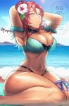  1girl armpits arms_up bare_legs beach bikini breasts cleavage dark-skinned_female dark_skin fire_emblem fire_emblem:_three_houses fire_emblem_heroes flower green_bikini hair_flower hair_ornament hapi_(fire_emblem) hapi_(summer)_(fire_emblem) highres jewelry large_breasts navel ocean official_alternate_costume ponpoko_illust red_eyes red_hair sideboob sidelocks skindentation solo stomach swimsuit thick_thighs thighs twitter_username water watermark wide_hips 