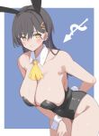  1girl alternate_costume animal_ear_hairband animal_ears armpit_crease ascot bare_shoulders black_hair black_hairband black_leotard blue_background breasts character_logo cleavage collarbone commentary_request cowboy_shot detached_sleeves fake_animal_ears fake_tail grin hair_ornament hairband katsuragi_izumi large_breasts leaning_forward leotard link!_like!_love_live! long_hair looking_at_viewer love_live! playboy_bunny rabbit_ear_hairband rabbit_ears rabbit_tail simple_background smile solo soyo1558686 strapless strapless_leotard tail triangle_hair_ornament undersized_clothes unfinished virtual_youtuber white_wrist_cuffs wolf_cut wrist_cuffs yellow_ascot yellow_eyes 