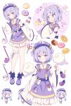  1girl @_@ absurdres apron bandaged_leg bandages blush chibi closed_mouth commentary detached_sleeves donut eggplant food hat highres indie_virtual_youtuber japanese_clothes kimono long_sleeves multiple_views open_mouth otamatone purple_apron purple_eyes purple_hair purple_hat purple_shoes scissors shoes short_hair sleeveless sleeveless_kimono standing tsukiyo_(skymint) two_side_up virtual_youtuber white_background white_kimono white_sleeves wide_sleeves yuyugi_yuyu 