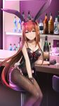  1girl animal_ear_hairband animal_ears archived_source bar_(place) bar_stool bare_shoulders between_legs black_gloves black_hairband black_leotard black_pantyhose bottle breasts brown_hair cleavage collarbone counter cup drinking_glass fake_animal_ears fake_tail game_cg gloves grey_eyes hair_between_eyes hairband hand_between_legs highres huke leotard long_hair looking_at_viewer makise_kurisu medium_breasts official_alternate_costume official_art on_stool pantyhose parted_lips playboy_bunny rabbit_ears rabbit_tail red_ribbon ribbon shelf sitting solo steins;gate stool straight_hair tail third-party_source wine_bottle wine_glass 