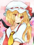  1girl ascot bangs blonde_hair blush bow crystal eyebrows_visible_through_hair flandre_scarlet hair_between_eyes hat hat_ribbon highres katsuobushi_(eba_games) medium_hair mob_cap one_side_up puffy_short_sleeves puffy_sleeves red_bow red_eyes red_ribbon red_vest ribbon shirt short_sleeves smile solo touhou vest white_shirt wings yellow_ascot 