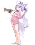  1girl absurdres ahoge barefoot blush cone_hair_bun flat_chest fox_girl fox_tail hair_bun hair_ornament heart heart_hair_ornament heterochromia highres purple_hair purple_tail sangobob simple_background stellive tail tenko_shibuki tiptoes twintails virtual_youtuber white_background yellow_eyes 