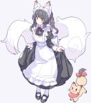  1girl animal_ear_fluff animal_ears apron black_dress black_hair dress fox fox_ears fox_girl fox_tail frilled_apron frills full_body hair_ribbon large_tail long_hair maid maid_apron maid_headdress mary_janes original ribbon shoes short_eyebrows simple_background skirt_hold socks solo suzuno_(suzuno3110) tail thick_eyebrows twintails white_apron white_background white_socks yellow_eyes 
