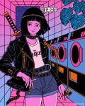  1girl arsnzip artist_name black_choker black_hair blunt_bangs bob_cut chain choker cigarette closed_mouth clothes_dryer colored_skin commentary cowboy_shot denim denim_shorts english_commentary fire group_name highres holding holding_cigarette holding_lighter jacket katana laundromat leaf light_smile lighter looking_at_viewer monstera_deliciosa open_clothes open_jacket orange_eyes original pink_skin plant sheath sheathed shirt shorts smoke solo standing sword sword_on_back translation_request vaporwave weapon weapon_on_back zippo_lighter 