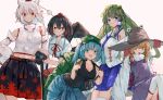  5girls :d absurdres backpack bag bare_shoulders black_hair black_skirt black_tank_top black_wings blue_eyes blue_hair blue_jacket blue_skirt breasts brown_hat camera cleavage closed_mouth clothes_around_waist collarbone collared_shirt commentary_request cowboy_shot flat_cap frilled_skirt frills green_bag green_hair green_hat hair_bobbles hair_ornament hand_on_own_hip happy hat highres holding holding_camera inubashiri_momiji jacket jacket_around_waist kawashiro_nitori kochiya_sanae leaf_print leaning_forward long_hair looking_at_viewer medium_breasts medium_skirt midriff moriya_suwako multiple_girls newsboy_cap pleated_skirt pom_pom_(clothes) purple_skirt purple_vest red_eyes red_hat red_skirt ribbon-trimmed_skirt ribbon_trim shameimaru_aya shirt short_hair skirt smile tank_top thighhighs tokin_hat touhou turtleneck two_side_up vanilla_flan very_long_hair vest white_hair white_shirt white_sleeves white_thighhighs wide_sleeves wings 