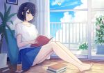  1girl bare_legs barefoot blue_eyes blue_skirt blue_sky blurry blurry_background blush book bug butterfly closed_mouth collarbone cup curtains day drinking_glass enokitake feet full_body hair_ornament holding holding_book indoors knees_up legs medium_hair miniskirt on_ground open_book original plant pleated_skirt potted_plant purple_hair reading shadow shirt short_sleeves sitting skirt sky smile solo toenails toes white_shirt window wooden_floor 