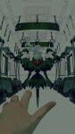  1other black_eyes blue_eyes commentary darkrai disembodied_eye floating_hair hair_over_one_eye hand_grip highres looking_at_viewer one_eye_covered pokemon pokemon_(creature) pokemon_focus pov pov_hands standing ten_p train_interior unfinished white_hair window 