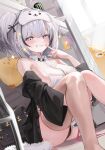  1girl ahoge ass azur_lane bare_shoulders black_jacket black_panties black_streaks blush breasts commentary eye_mask finger_to_cheek grey_eyes grey_hair jacket knees_up large_breasts looking_at_viewer manjuu_(azur_lane) mask mask_on_head multicolored_hair off_shoulder official_alternate_costume panties see-through_clothes see-through_shirt shirt short_hair sideboob sideless_shirt single_thighhigh sitting sleeveless sleeveless_shirt solo teeth thick_eyebrows thighhighs underwear white_shirt xiuluoniqia z13_(azur_lane) z13_(strategic_date_solution)_(azur_lane) 