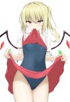  &gt;:) 1girl absurdres blue_one-piece_swimsuit blush closed_mouth clothes_lift commentary_request covered_navel cowboy_shot crystal_wings eyelashes eyes_visible_through_hair flandre_scarlet frilled_shirt_collar frilled_sleeves frills hair_between_eyes hair_intakes highres lifting_own_clothes looking_at_viewer medium_hair midriff_peek miniskirt mouth_hold no_headwear one-piece_swimsuit paid_reward_available puffy_short_sleeves puffy_sleeves red_eyes red_skirt red_vest school_swimsuit shirt shirt_lift short_sleeves side_ponytail sidelocks simple_background skirt skirt_lift smile solo swimsuit swimsuit_under_clothes szl touhou tsurime upturned_eyes v-shaped_eyebrows vest white_background white_shirt wings 