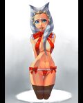  ahsoka_tano alien alien_humanoid blue_eyes bra breasts butt_from_the_front christmas clothing eyelashes female glistening glistening_body glistening_skin hands_behind_back hardmoden holidays humanoid kneeling legwear lekku_(anatomy) lingerie looking_at_viewer navel nipple_outline not_furry orange_body orange_skin panties red_bra red_clothing red_panties red_underwear solo star_wars stockings thigh_gap togruta underwear 