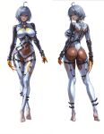  1girl absurdres ahoge ass barefoot bodysuit breasts claw_(weapon) closed_mouth commentary covered_navel feet grey_bodysuit grey_hair hair_between_eyes highres honkai_(series) honkai_impact_3rd large_breasts looking_at_viewer looking_back mole mole_under_mouth multiple_views raven_(honkai_impact) red_eyes short_hair simple_background stirrup_legwear thigh_gap toeless_legwear toes weapon white_background wo_jiushi_kanbudong 