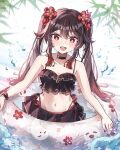  1girl :d bikini black_bikini black_choker blush boo_tao_(genshin_impact) brown_hair choker collarbone commentary flower-shaped_pupils genshin_impact highres hu_tao_(genshin_impact) innertube long_hair looking_at_viewer navel open_mouth red_eyes smile solo swim_ring swimsuit symbol-only_commentary symbol-shaped_pupils twitter_username upper_body wet yuewishies 