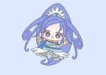  1girl absurdly_long_hair blue_background blue_brooch blue_dress blue_eyes blue_hair blue_hairband blue_theme boots bracelet brooch chibi choker closed_mouth cure_diamond curly_hair diamond_earrings dokidoki!_precure dot_nose dress earrings eyelashes feather-trimmed_dress feather-trimmed_sleeves feather_trim gold_bracelet hairband happy heart heart_brooch high_ponytail hishikawa_rikka ichigo_usuhana jewelry knee_boots light_blush long_dress long_hair looking_at_viewer magical_girl miniskirt outstretched_arms ponytail precure short_sleeves simple_background skirt skirt_under_dress smile solo tareme very_long_hair white_boots white_skirt white_sleeves yellow_choker 