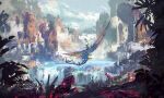  1boy absurdres arm_up asura_(guild_wars) bird blue_scales bug butterfly cloud cloudy_sky colored_skin concept_art creature day dinosaur dragon dragonfly_wings fairy fairy_dragon fantasy floating_rock flying fog full_body green_hair green_skin guild_wars_(series) guild_wars_2 highres holding holding_staff holding_weapon iridescent key_visual landscape necromancer non-humanoid_robot official_art outdoors pact_commander_(guild_wars_2) plant promotional_art purple_butterfly raptor red_scales richard_anderson riding robot scenery science_fiction short_hair simple_bird sky solo staff standing vines vines_around_weapon water waterfall weapon white_bird 
