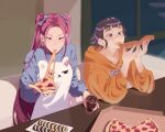  2girls an_hanb black_hair blunt_bangs eating food highres hood hoodie kpop_demon_hunters mira_(kpop_demon_hunters) multiple_girls pink_hair pizza sidelocks sitting zoey_(kpop_demon_hunters) 