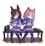  2girls animal_ears bag bench blue_hat blue_scarf blush bow bowtie brown_hair brown_shoes closed_mouth commentary_request cup ear_bow ear_covers full_body hair_over_one_eye haru_urara_(umamusume) hat headband highres holding holding_cup horse_ears horse_girl horse_tail long_hair long_sleeves moko39_takasora multiple_girls on_bench pink_hair pink_headband pleated_skirt purple_shirt purple_skirt purple_thighhighs rice_shower_(umamusume) scarf school_bag school_uniform shirt shoes short_hair simple_background sitting skirt smile tail thighhighs tracen_school_uniform umamusume white_background white_bow white_bowtie 